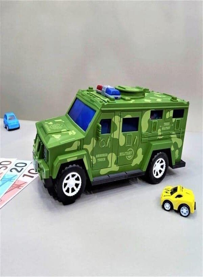 EVERMALL Military Car Money Safe Box for Kids Piggy Coin and Cash Savings Box, Military Truck Lights and Sound Music Army Jeep Money Saving Safe Bank Children Toy - Image 1